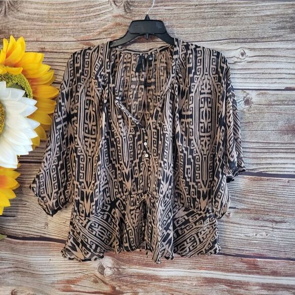 Willi Smith sheer black/tan mid Sleeve blouse Women's large pre-owned - Picture 1 of 6